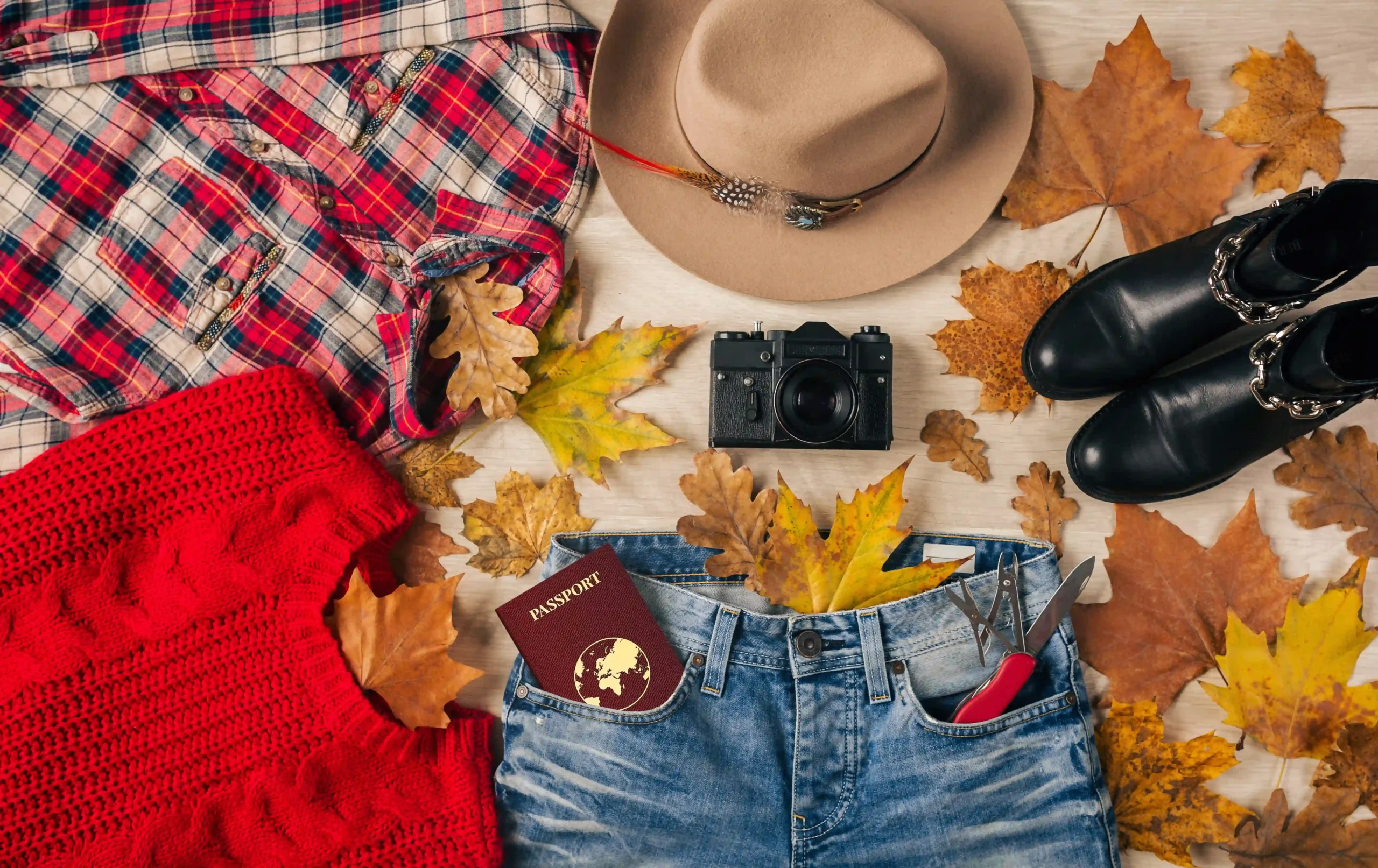 Flat lay of red sweater, plaid shirt, jeans, boots, hat, camera and passport for March most-loved products blog