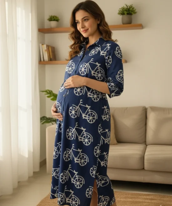 Navy blue cycle print feeding kurti with collared neck and 3/4th sleeves made from soft Italian cotton