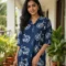Navy blue cycle print kurti with collared neck and 3/4 sleeves in soft Italian cotton fabric