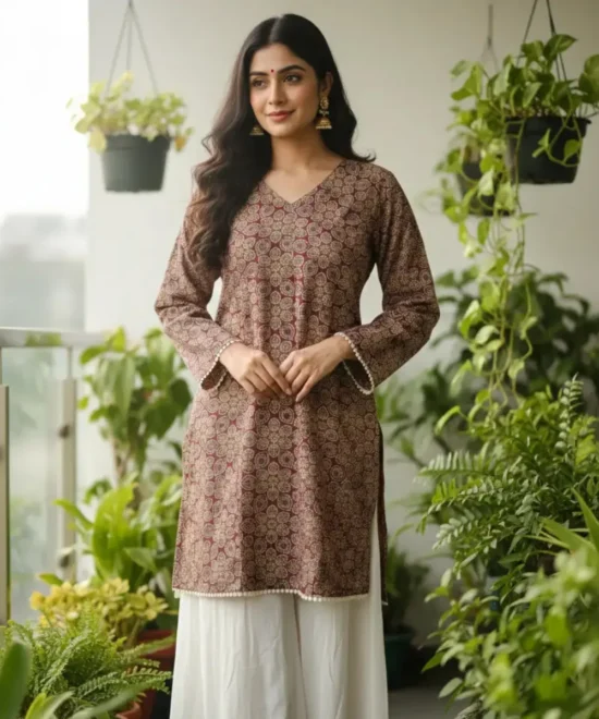 Brown maroon Ajrakh print cotton short kurti for women