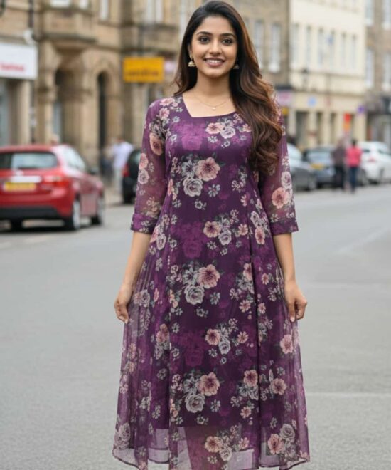 organza digital print a-line kurti with floral pattern and square neckline