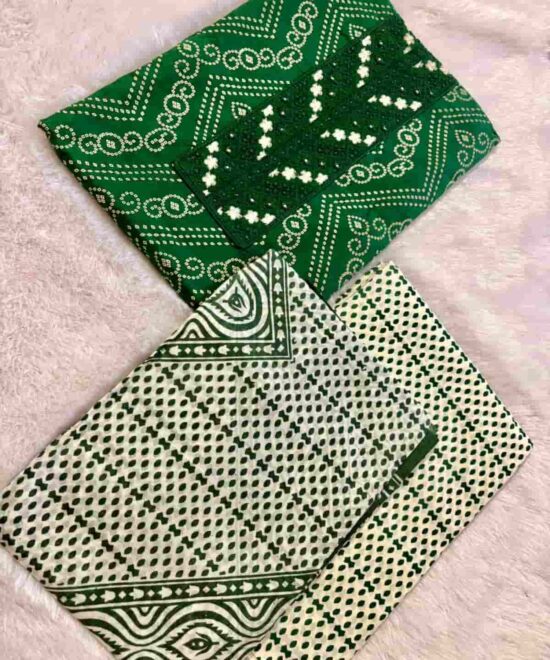 printed dress material set with embroidered neckline and patterned dupatta