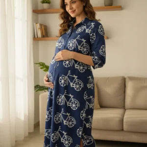 Navy blue cycle print feeding kurti with collared neck and 3/4th sleeves made from soft Italian cotton