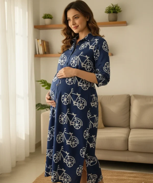 Navy blue cycle print feeding kurti with collared neck and 3/4th sleeves made from soft Italian cotton