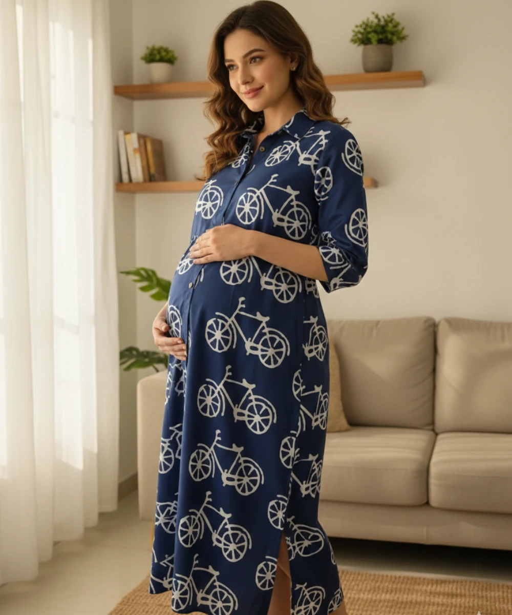 Navy blue cycle print feeding kurti with collared neck and 3/4th sleeves made from soft Italian cotton
