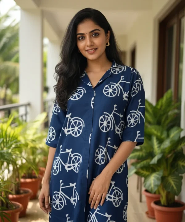 Navy blue cycle print kurti with collared neck and 3/4 sleeves in soft Italian cotton fabric