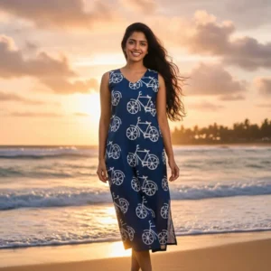 Navy blue cycle print sleeveless top with V neckline, side slits and loose fit made from soft Italian cotton