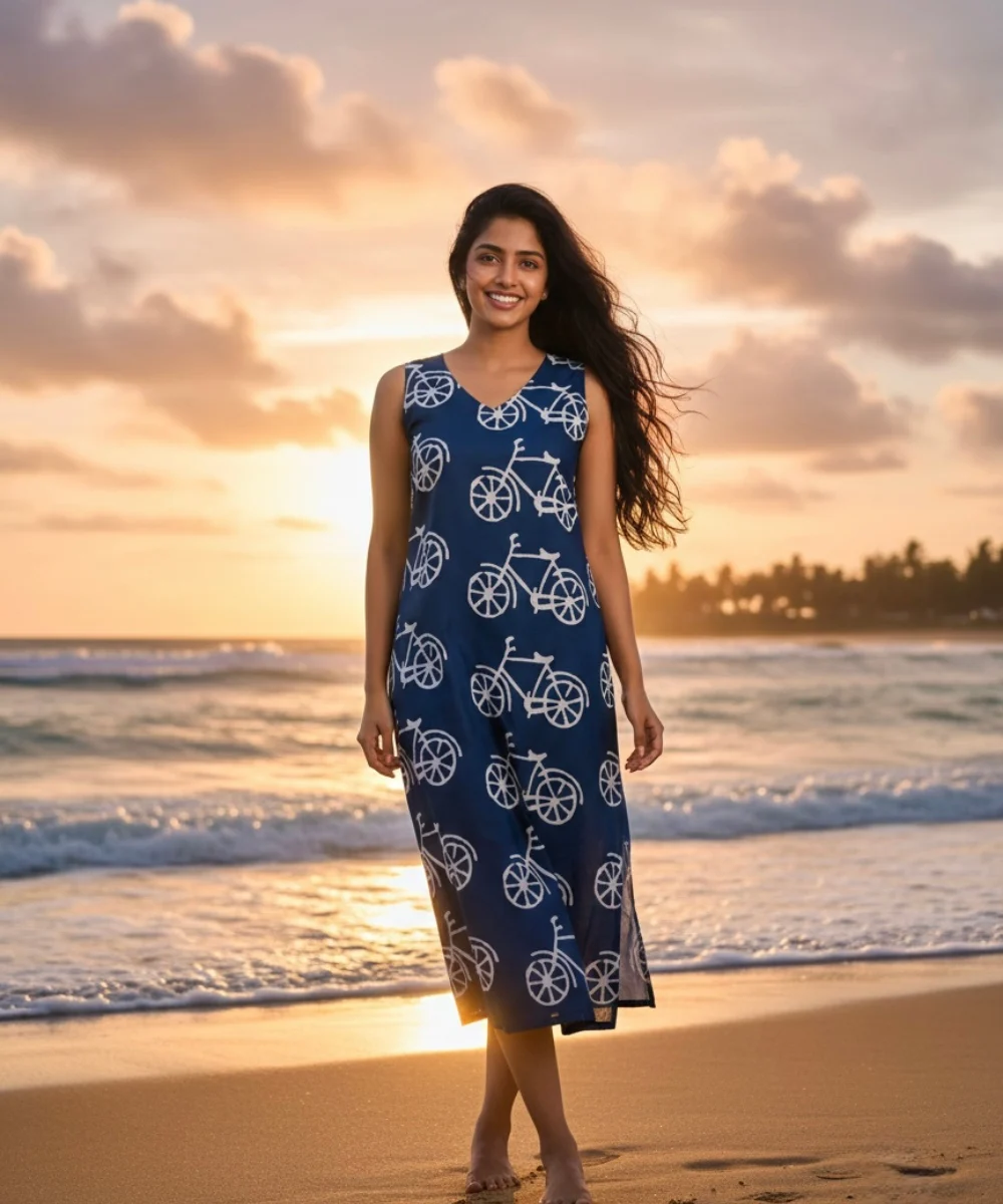 Navy blue cycle print sleeveless top with V neckline, side slits and loose fit made from soft Italian cotton