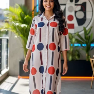 Geometric print cotton dress with red and navy circles, collared neck, side slits and soft Italian cotton fabric