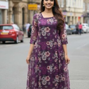 organza digital print a-line kurti with floral pattern and square neckline