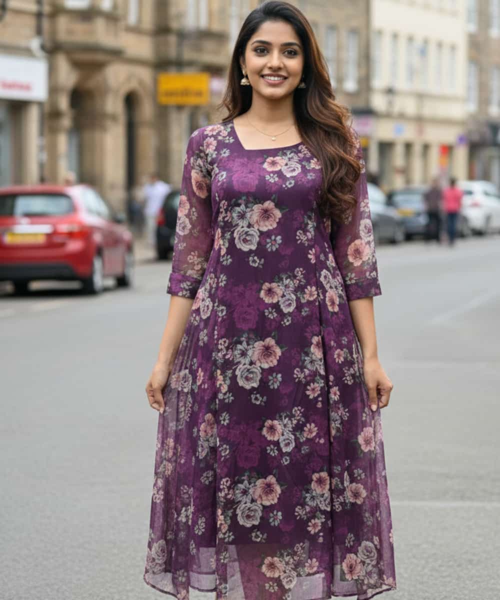 organza digital print a-line kurti with floral pattern and square neckline