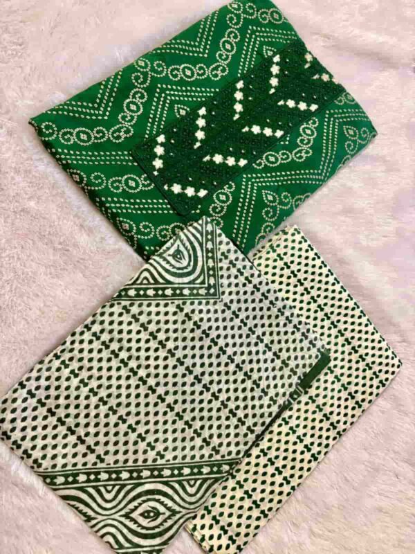 printed dress material set with embroidered neckline and patterned dupatta