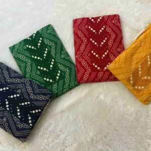 printed dress material set with embroidered neckline and patterned dupatta